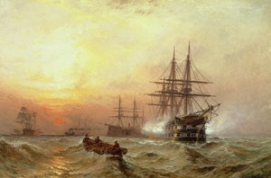 Nave da guerra che spara un saluto al tramonto